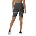 Load image into Gallery viewer, Introducing Elevated Essence Biker Shorts, the perfect choice for the active woman on-the-go! These shorts feature a high-rise waistband that smooths and supports your figure while providing maximum comfort during any activity. The unique design of white lines traversing dark grey fabric not only looks stylish but also elevates your spirit, making you feel confident and empowered.