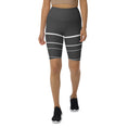 Load image into Gallery viewer, Introducing Elevated Essence Biker Shorts, the perfect choice for the active woman on-the-go! These shorts feature a high-rise waistband that smooths and supports your figure while providing maximum comfort during any activity. The unique design of white lines traversing dark grey fabric not only looks stylish but also elevates your spirit, making you feel confident and empowered.