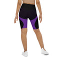 Load image into Gallery viewer, Experience ultimate comfort and style with our Midnight Hex Biker Shorts. These shorts feature a bold and unique design of purple curves and hexagon patterns on a sleek black background, making them perfect for any activity, whether it's active or streetwear.