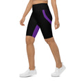Load image into Gallery viewer, Experience ultimate comfort and style with our Midnight Hex Biker Shorts. These shorts feature a bold and unique design of purple curves and hexagon patterns on a sleek black background, making them perfect for any activity, whether it's active or streetwear.