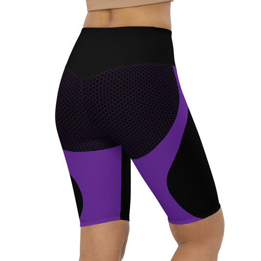 Experience ultimate comfort and style with our Midnight Hex Biker Shorts. These shorts feature a bold and unique design of purple curves and hexagon patterns on a sleek black background, making them perfect for any activity, whether it's active or streetwear.