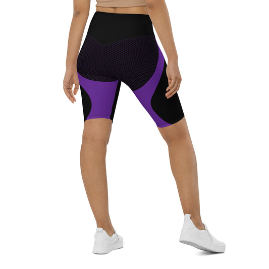 Experience ultimate comfort and style with our Midnight Hex Biker Shorts. These shorts feature a bold and unique design of purple curves and hexagon patterns on a sleek black background, making them perfect for any activity, whether it's active or streetwear.
