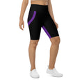 Load image into Gallery viewer, Experience ultimate comfort and style with our Midnight Hex Biker Shorts. These shorts feature a bold and unique design of purple curves and hexagon patterns on a sleek black background, making them perfect for any activity, whether it's active or streetwear.