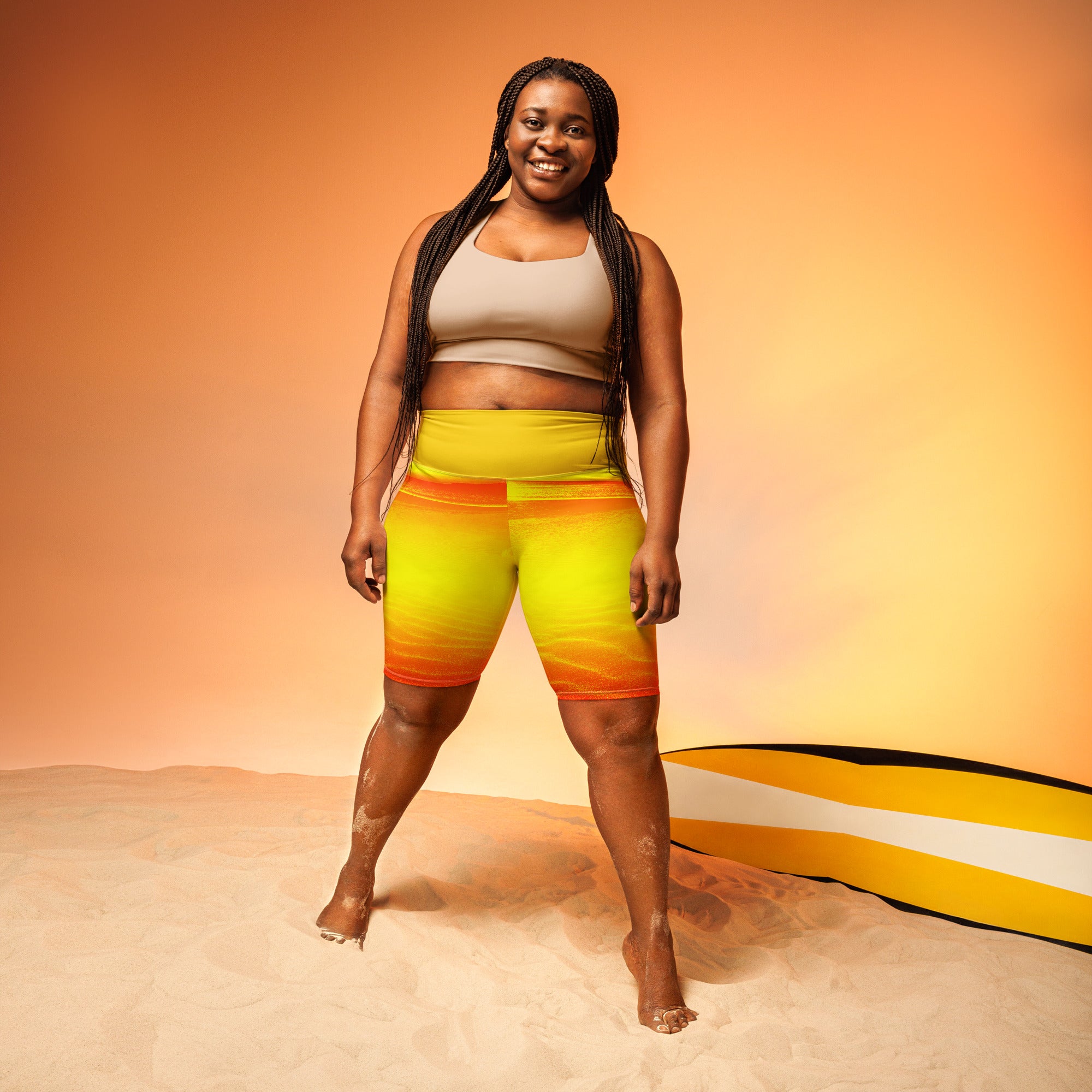 Experience comfort like never before with our Sunset Sands biker shorts! The high-waisted design flatters your figure, while the soft and stretchy material provides the ultimate comfort during your most intense workouts.