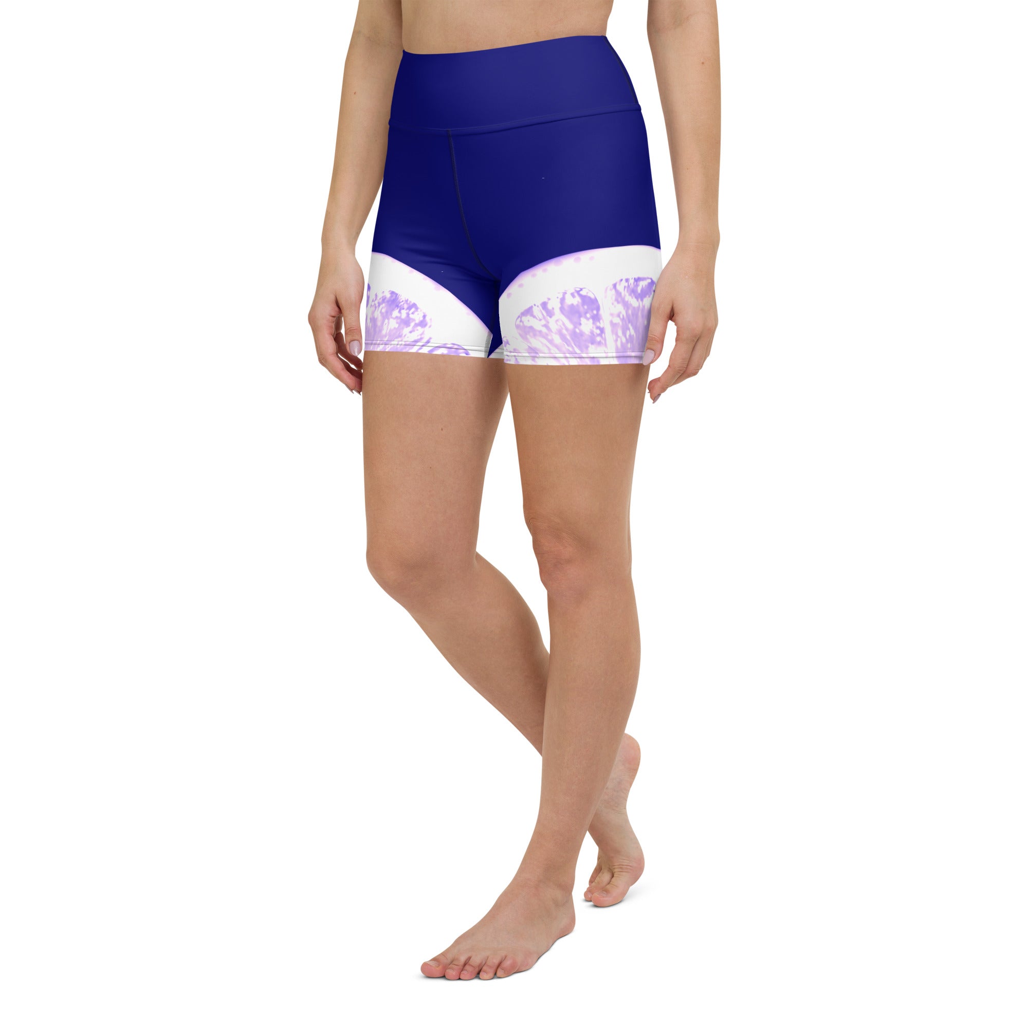 Experience the perfect blend of comfort and style with these playful Citrus Burst yoga shorts. The high waistband and soft microfiber yarn provide the ultimate in comfort, while the fun grapefruit pattern adds a touch of quirkiness to your workout routine.