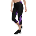 Load image into Gallery viewer, Indulge in the ultimate comfort with our Midnight Hex Capri Leggings. These leggings feature a bold and unique design of purple curves and hexagon patterns on a sleek black background, making them perfect for any activity.
