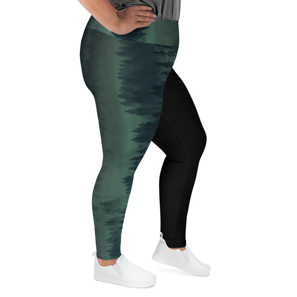 Get ready to embrace your connection with nature with these super comfortable plus-size leggings! The soft and stretchy fabric is adorned with an evergreen forest pattern on one leg and classic black on the other.