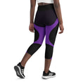 Load image into Gallery viewer, Experience comfort and style with our Midnight Hex Capri Leggings. These leggings feature a bold and unique design of purple curves and hexagon patterns on a sleek black background
